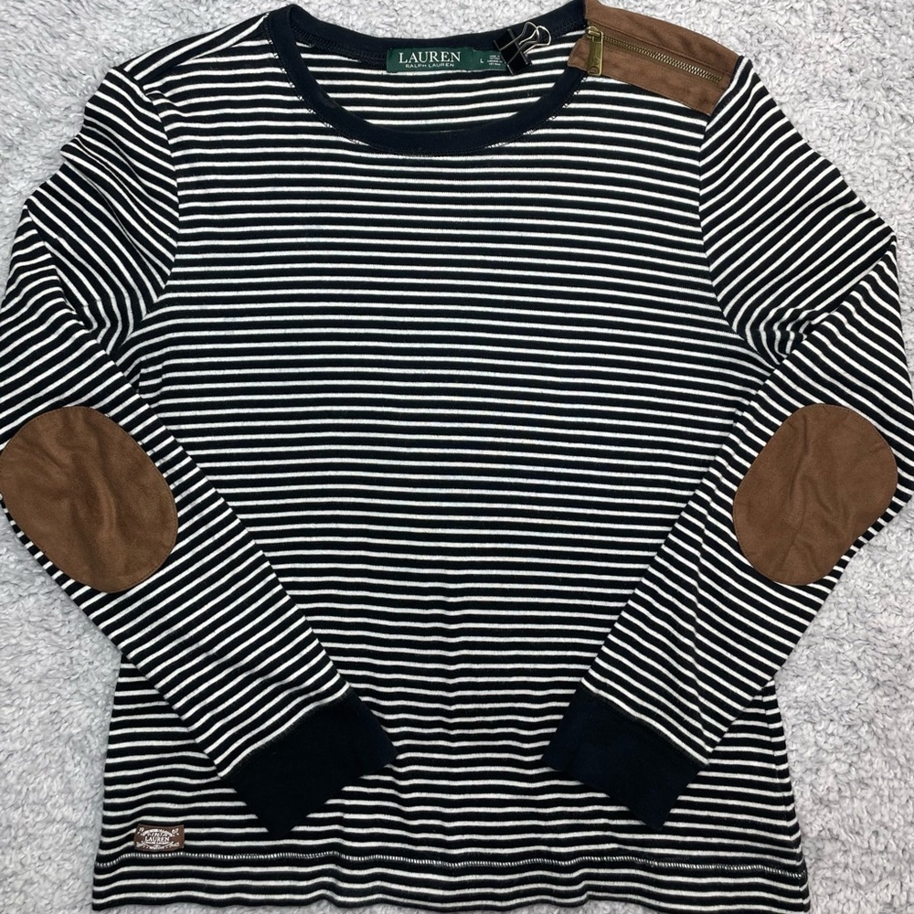 Lauren Ralph Lauren Shirt Womens Large Casual Striped Elbow Accents Teacher